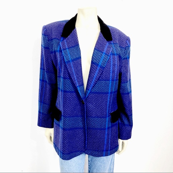 Vintage Jackets & Blazers - Vintage wool blazer oversized plaid blue purple black Velvet pockets 80s 90s